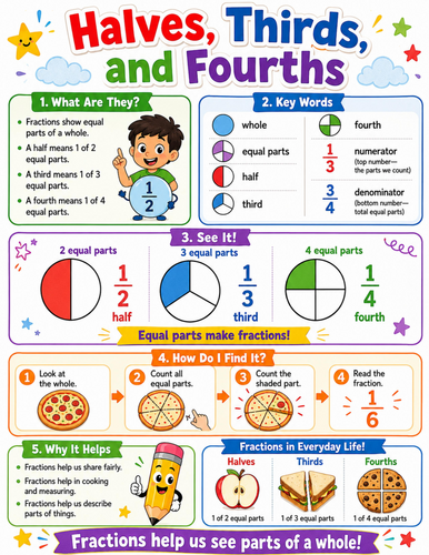 Halves, Thirds, and Fourths I Elementary School Poster I Classroom Decor