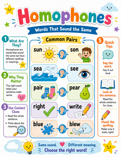 Homophones I Elementary School Poster I Classroom Decor