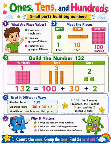 Ones, Tens and Hundreds I Elementary School Poster I Classroom Decor