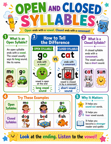Open and Closed Syllables I Elementary School Poster I Classroom Decor