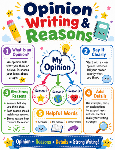 Opinion Writing & Reasons I Elementary School Poster I Classroom Decor
