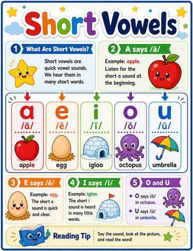 Short Vowels I Elementary School Poster I Classroom Decor