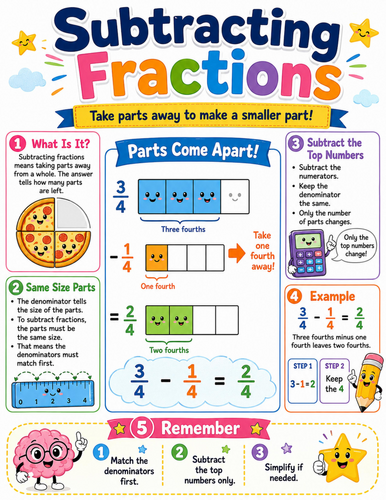 Subtracting Fractions I Elementary School Poster I Classroom Decor
