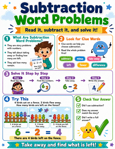 Subtraction Word Problems I Elementary School Poster I Classroom Decor