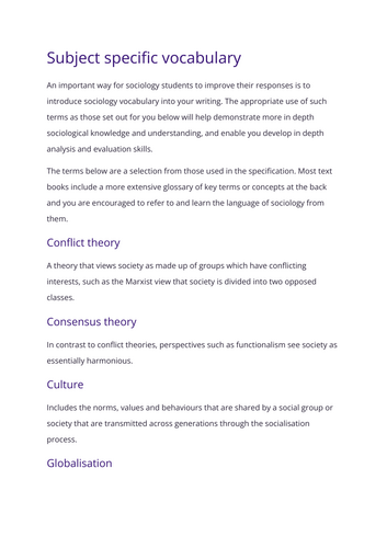 AQA Sociology - Subject specific vocabulary