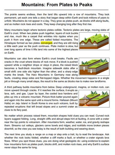 Earth Science Reading Comprehension Passage: Types of Mountains