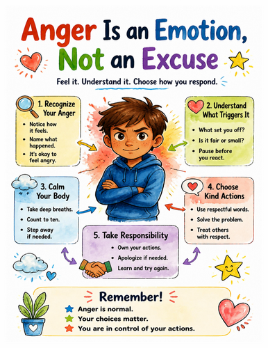 Anger Is an Emotion, Not an Excuse I Educational Poster I Classroom Decor