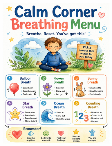 Calm Corner Breathing Menu I Educational Poster I Classroom Decor