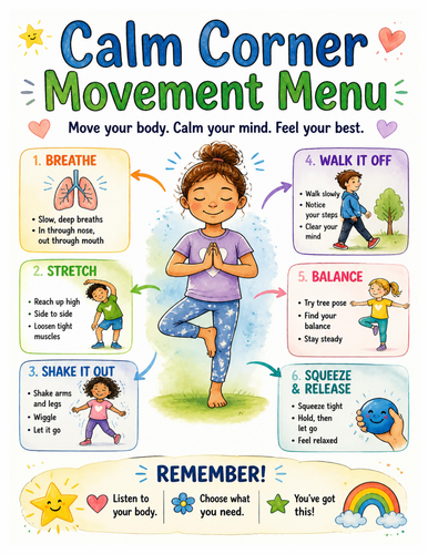 Calm Corner Movement Menu I Educational Poster I Classroom Decor