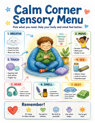 Calm Corner Sensory Menu I Educational Poster I Classroom Decor