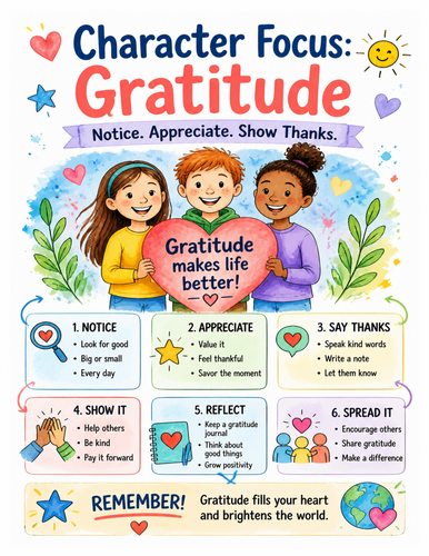 Character Focus Gratitude I Educational Poster I Classroom Decor
