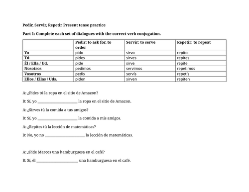 Pedir, Servir, Repetir Present tense practice