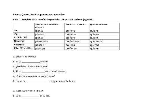 Pensar, Querer, Preferir present tense practice