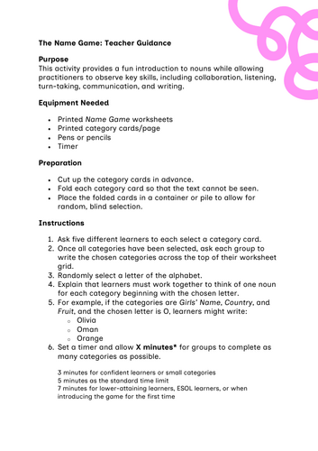 The Name Game: Vocabulary, Communication & Teamwork Activity
