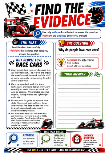 Find the Evidence – Race Cars Reading Comprehension Activity