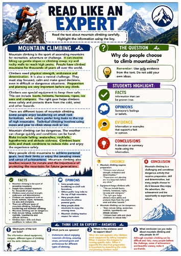 Read Like an Expert – Mountain Climbing | Reading Comprehension & Critical Reading Worksheet