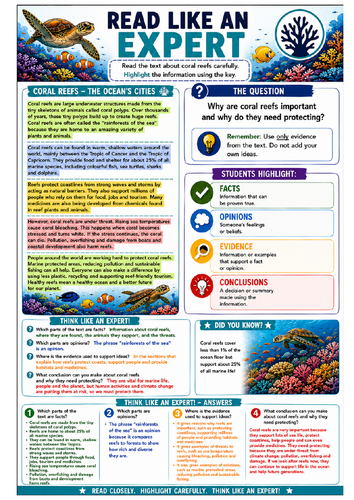 Read Like an Expert – Coral Reefs | Reading Comprehension & Critical Reading Worksheet