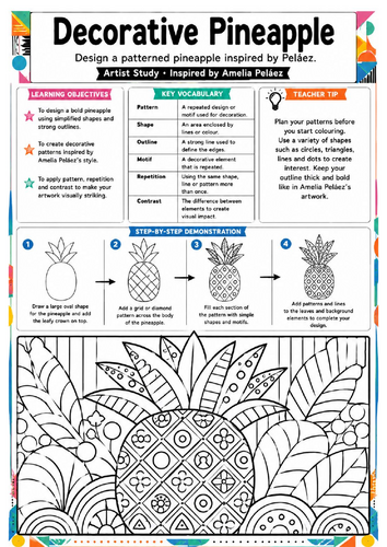 Amelia Peláez Decorative Pineapple Art Worksheet | KS3 Pattern Drawing Activity