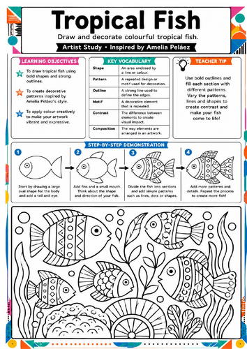 Amelia Peláez Tropical Fish Art Worksheet | KS3 Pattern & Colour Activity