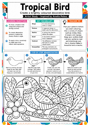 Amelia Peláez Tropical Bird Art Worksheet | KS3 Pattern & Drawing Activity