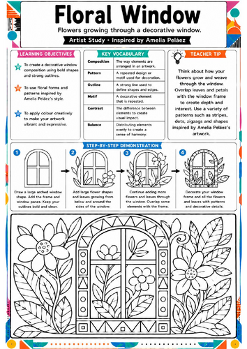 Amelia Peláez Floral Window Art Worksheet | KS3 Cuban Art & Pattern Activity