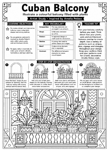 Amelia Peláez Cuban Balcony Art Worksheet | KS3 Architecture & Pattern Activity