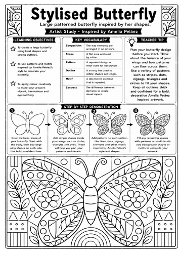 Amelia Peláez Stylised Butterfly Art Worksheet | KS3 Pattern Drawing Activity
