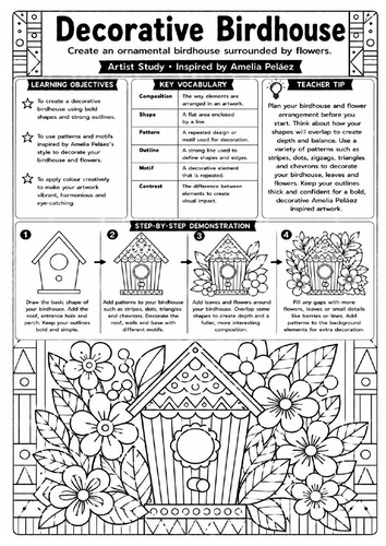 Amelia Peláez Decorative Birdhouse Worksheet | KS3 Art Pattern & Floral Design