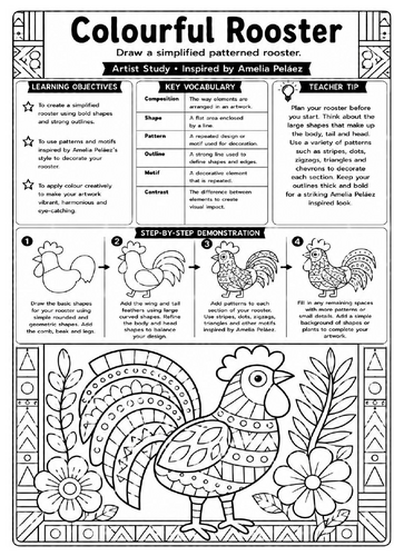 Amelia Peláez Colourful Rooster Art Worksheet | KS3 Pattern & Animal Drawing