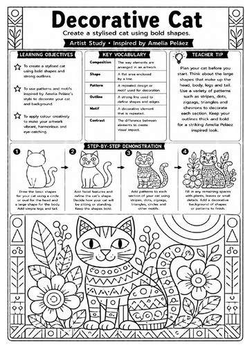 Amelia Peláez Decorative Cat Art Worksheet | KS3 Animal Pattern Activity