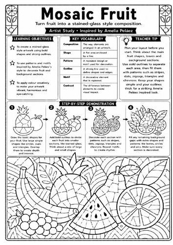Amelia Peláez Mosaic Fruit Art Worksheet | KS3 Stained Glass & Pattern Activity