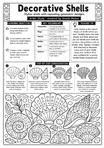 Amelia Peláez Decorative Shells Art Worksheet | KS3 Pattern & Nature Drawing