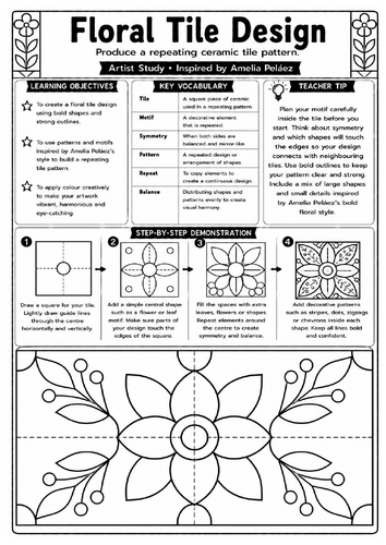 Amelia Peláez Floral Tile Design Worksheet | KS3 Pattern, Symmetry & Art Activity