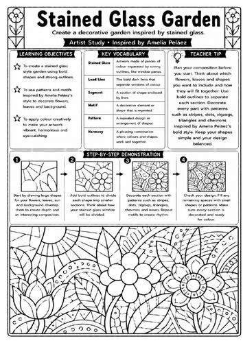 Amelia Peláez Stained Glass Garden Worksheet | KS3 Art & Pattern Activity