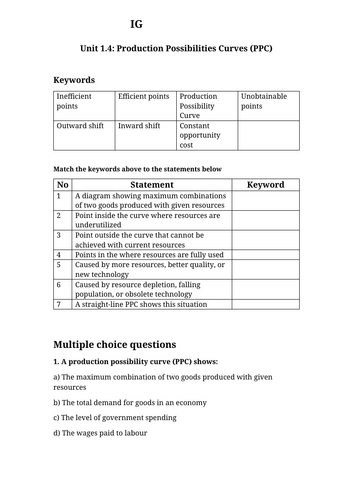 IG Econ Unit 1.4:  Production Possibilities Curves (PPC) Worksheet