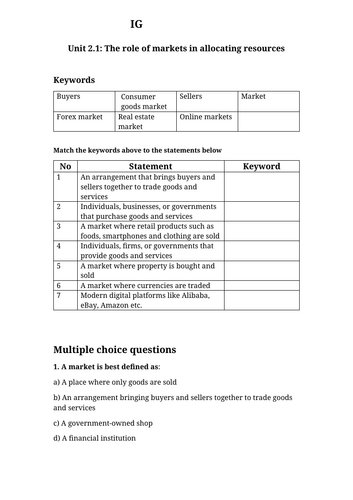 IG Econ Unit 2.1: The role of markets in allocating resources worksheet