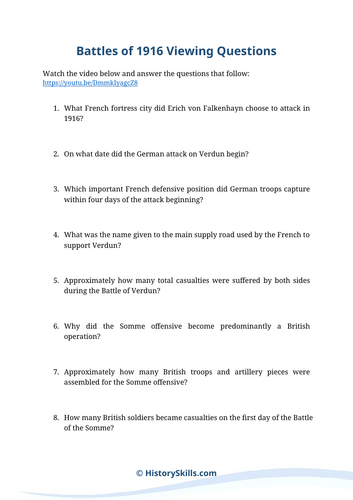 1916 WWI Battles Video Viewing Questions Worksheet