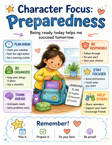 Character Focus Preparedness I Educational Poster I Classroom Decor