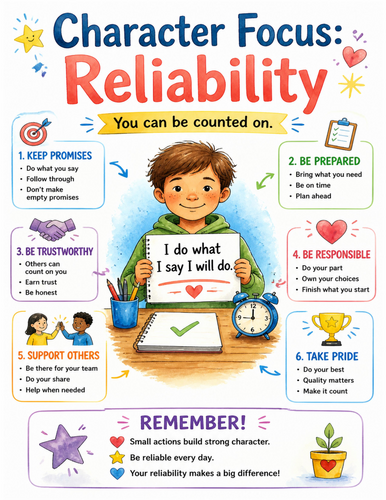 Character Focus Reliability I Educational Poster I Classroom Decor