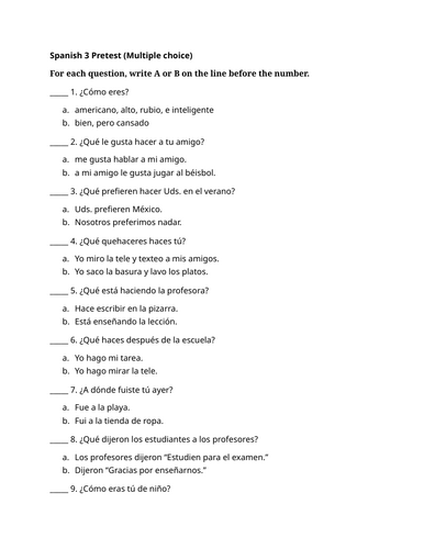 Spanish 3 Pretest (Multiple choice)