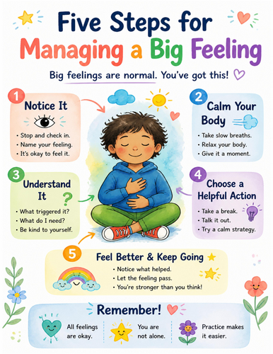 Five Steps for Managing a Big Feeling I Educational Poster I Classroom Decor