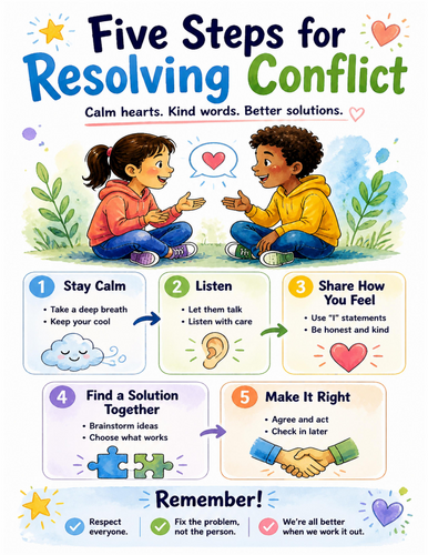 Five Steps for Resolving Conflict I Educational Poster I Classroom Decor