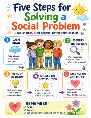 Five Steps for Solving a Social Problem I Educational Poster I Classroom Decor