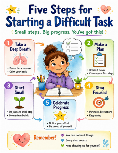 Five Steps for Starting a Difficult Task I Educational Poster I Classroom Decor