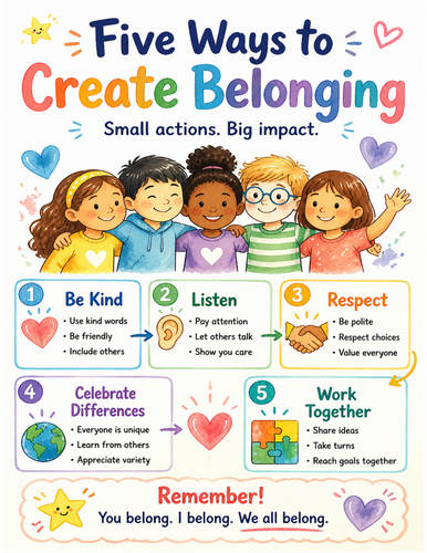 Five Ways to Create Belonging I Educational Poster I Classroom Decor