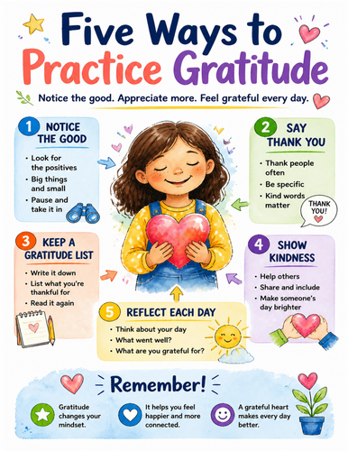 Five Ways to Practice Gratitude I Educational Poster I Classroom Decor