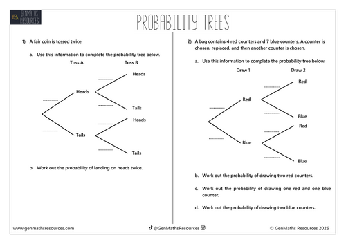 Probability Trees - Maths GCSE Foundation Worksheet