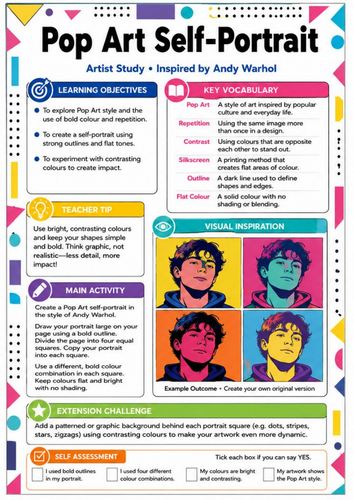 Andy Warhol Pop Art Self-Portrait Worksheet | KS3 Art Artist Study & Cover Lesson