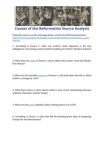 Causes of the Reformation Source Analysis Worksheet