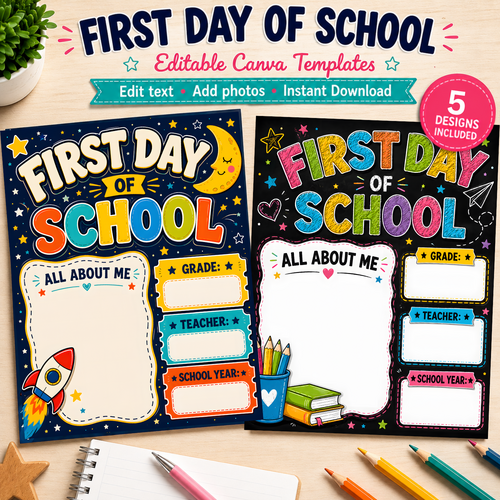 First Day of School Sign Editable Canva Template, All About Me Poster 5 Designs, Printable Back to